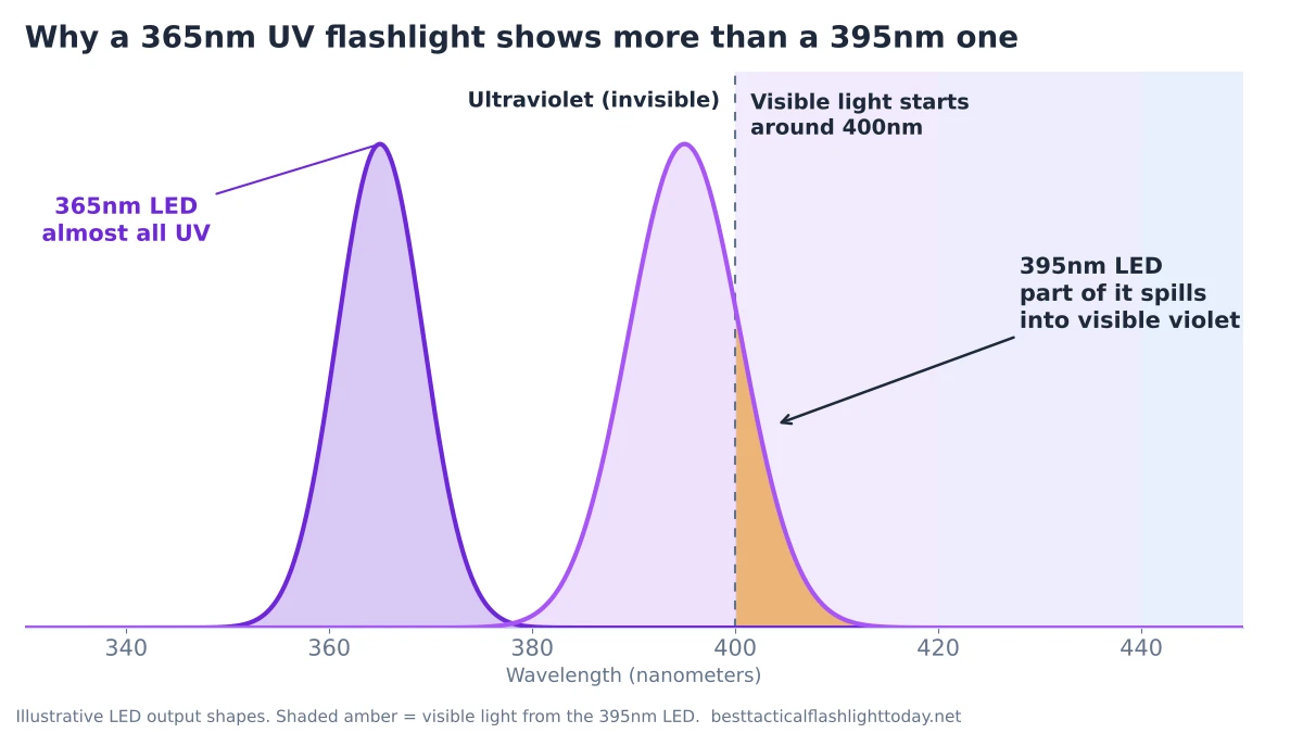 Diagram of LED output at 365nm and 395nm, showing the 395nm curve spilling past 400nm into visible violet light while the 365nm curve stays in the ultraviolet