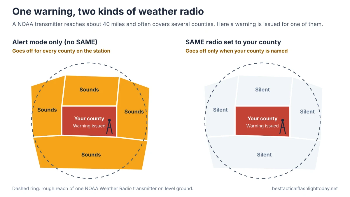 Diagram comparing a weather radio without SAME, which sounds in every county a NOAA transmitter covers, with a SAME radio that sounds only when the warning names your county